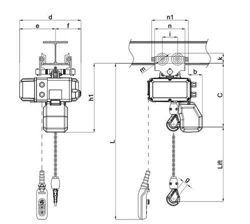 Misia MH electric hoist with push trolley dimensions